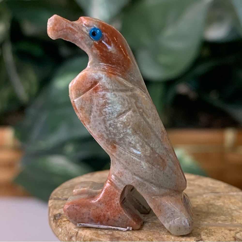 Red Soapstone Carved Eagle Figurine Miniature Stone Animal Bird Carving Blue Eye